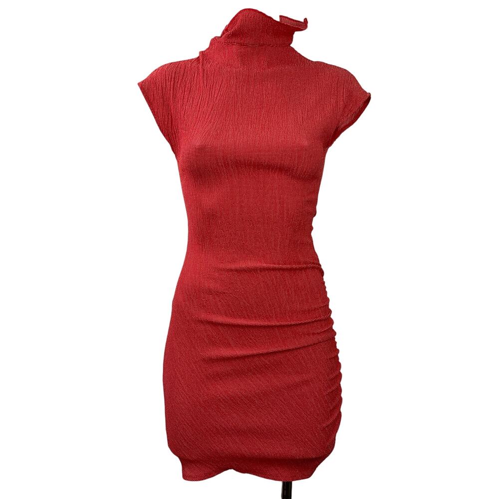 Zara Women's Red Short Sleeve Textured Turtleneck Mini Bodycon Dress Size S